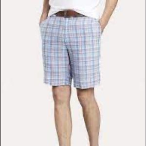 Peter Millar Seaside Madras Blue Plaid Linen Shorts Size 32 Mens MS19B03